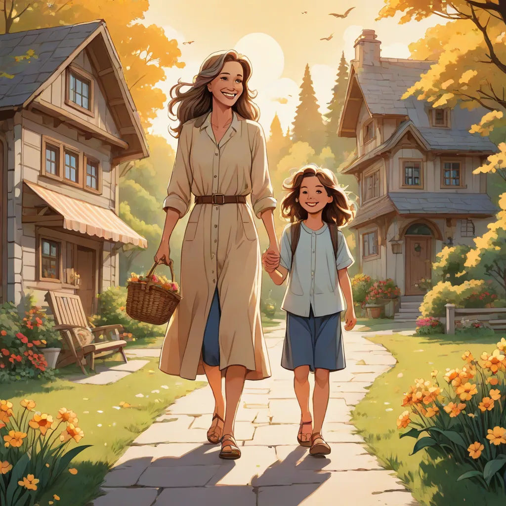 a woman and a child walking down a path in front of a house with flowers on the ground and a bird flying overhead, american scene painting, a storybook illustration, Evgeny Lushpin, official art