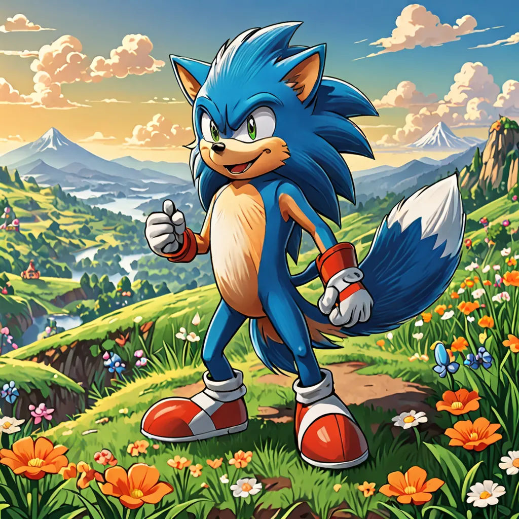 a cartoon of a blue sonic character in a field of flowers and flowers with mountains in the background and a sky with clouds, sots art, concept art, Chris LaBrooy, official art