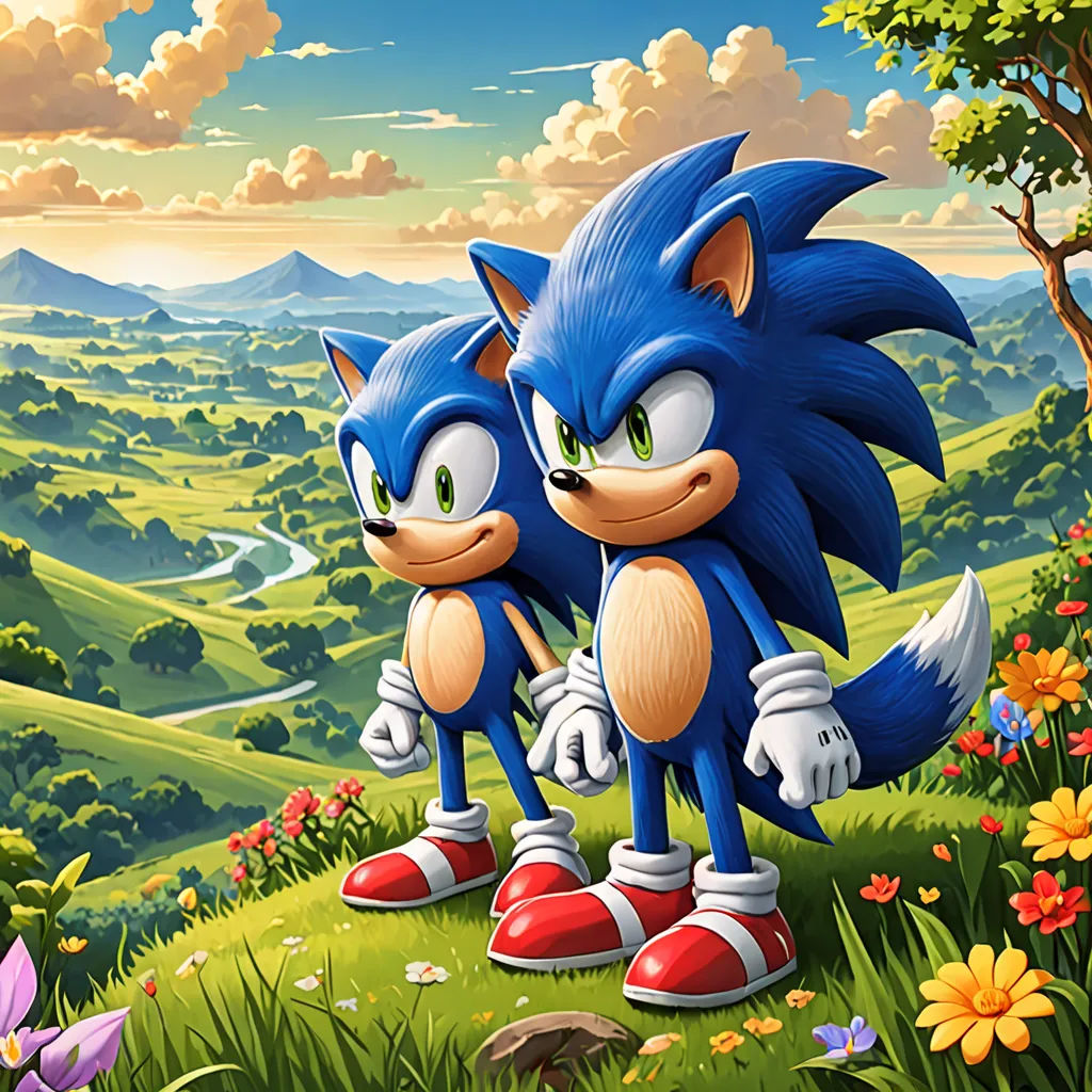 a painting of two sonic the hedgehogs in a field of flowers and trees with a mountain in the background, sots art, concept art, Chris LaBrooy, official art