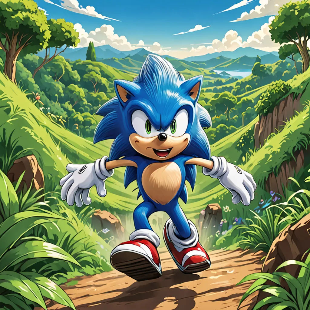 a cartoon character running down a dirt road in a forest area with a blue hedgehog on his back, sots art, an album cover, Chris LaBrooy, official art
