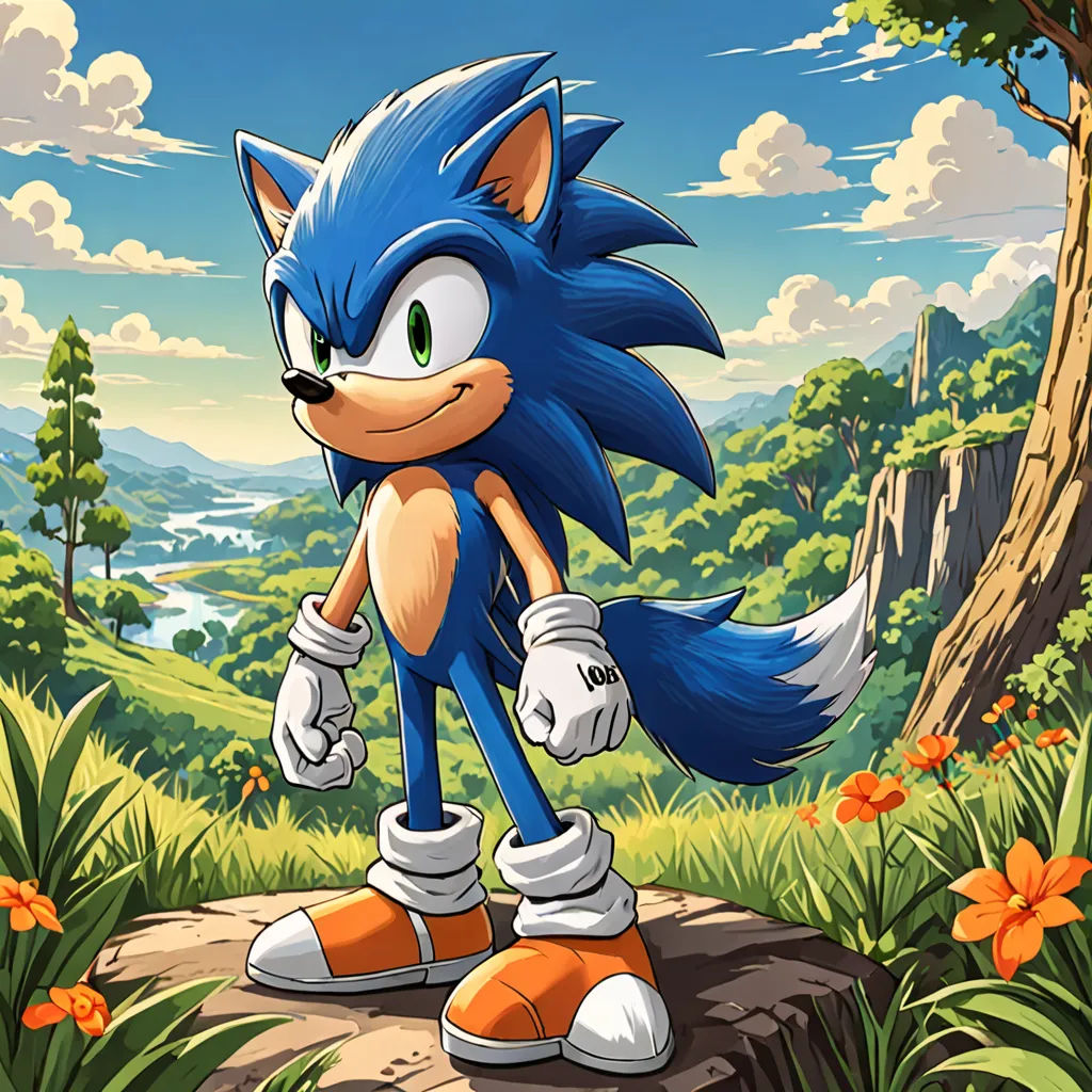 a cartoon of a sonic the hedge standing on a rock in a forest with flowers and trees in the background, sots art, concept art, Chris LaBrooy, official art