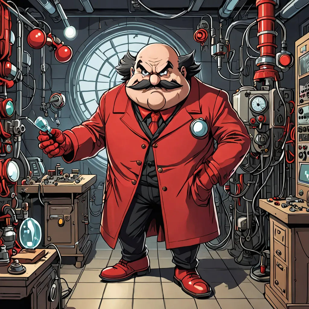 a cartoon character in a red coat and red shoes in a room with red pipes and a clock on the wall, les automatistes, a character portrait, Diego Gisbert Llorens, official art