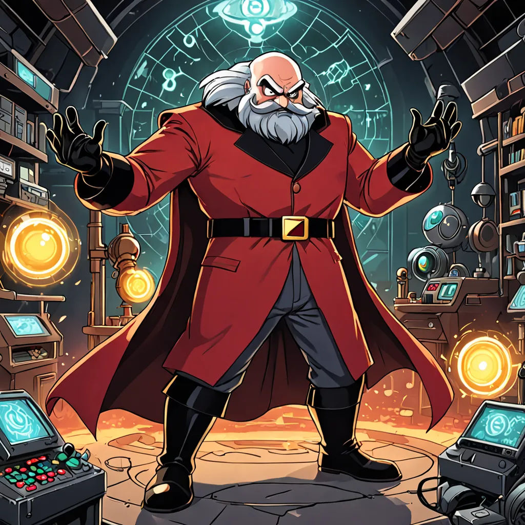 a cartoon of a man in a red coat and a red cape standing in a room with a lot of electronic equipment, sots art, concept art, Dr. Atl, game art