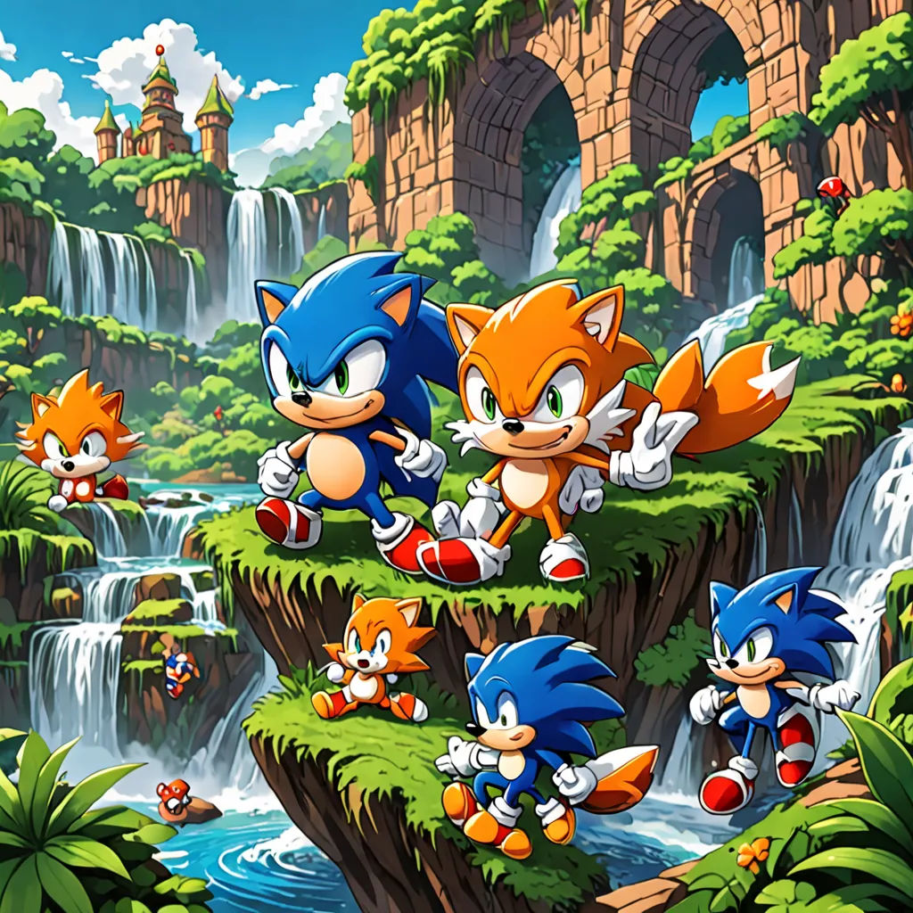 a group of cartoon sonic and tails playing in a forest with waterfall and waterfall in the background, with a castle in the background, sots art, concept art, Chris LaBrooy, official art