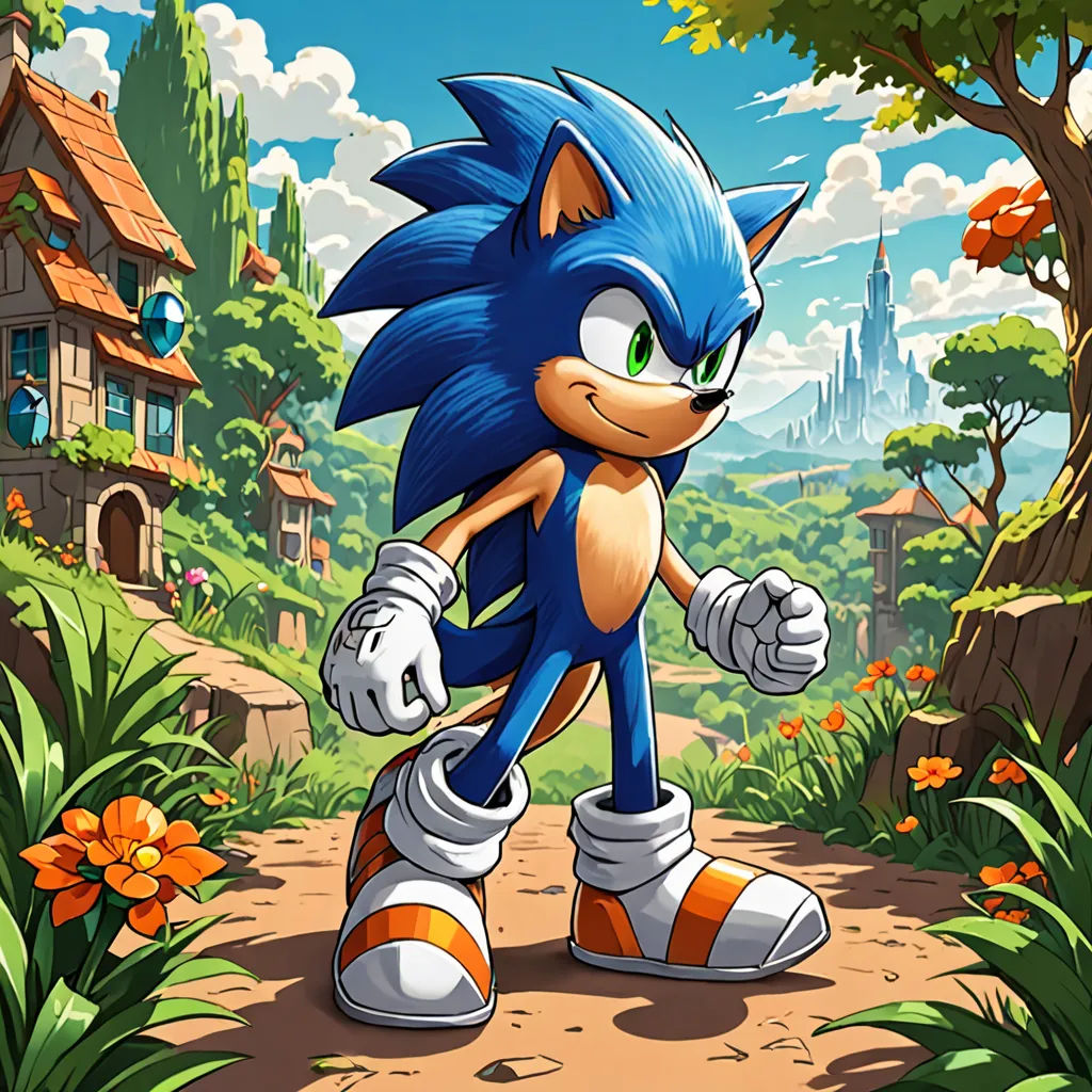a cartoon of a sonic character walking down a path in a forest with a castle in the background and a sky background, sots art, concept art, Android Jones, official art