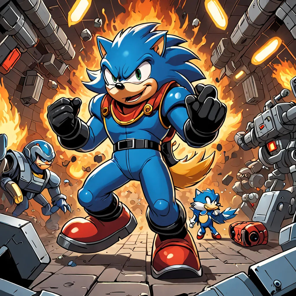 a cartoon of a sonic character running through a tunnel of fire and debris with other characters in the background, sots art, concept art, Eddie Mendoza, official art