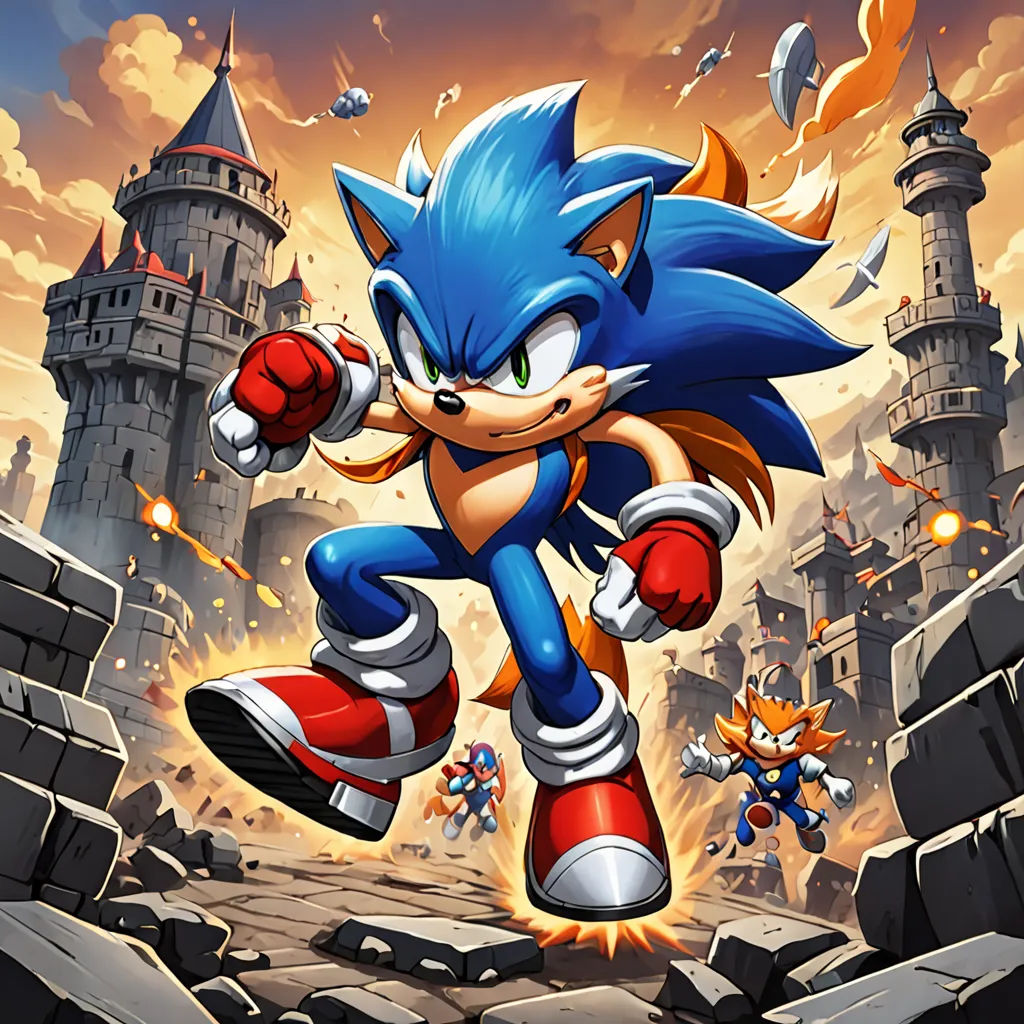 a cartoon of a sonic running through a city with a castle in the background and a cat in the foreground, sots art, concept art, Altoon Sultan, official art