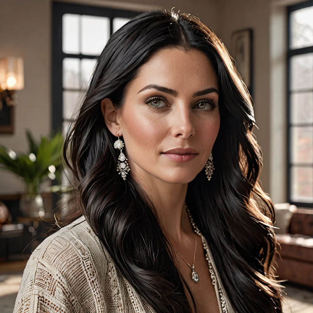 a woman with long hair wearing a sweater and earrings in a living room with a couch and windows in the background, lyco art, a character portrait, Christian Hilfgott Brand, promotional image