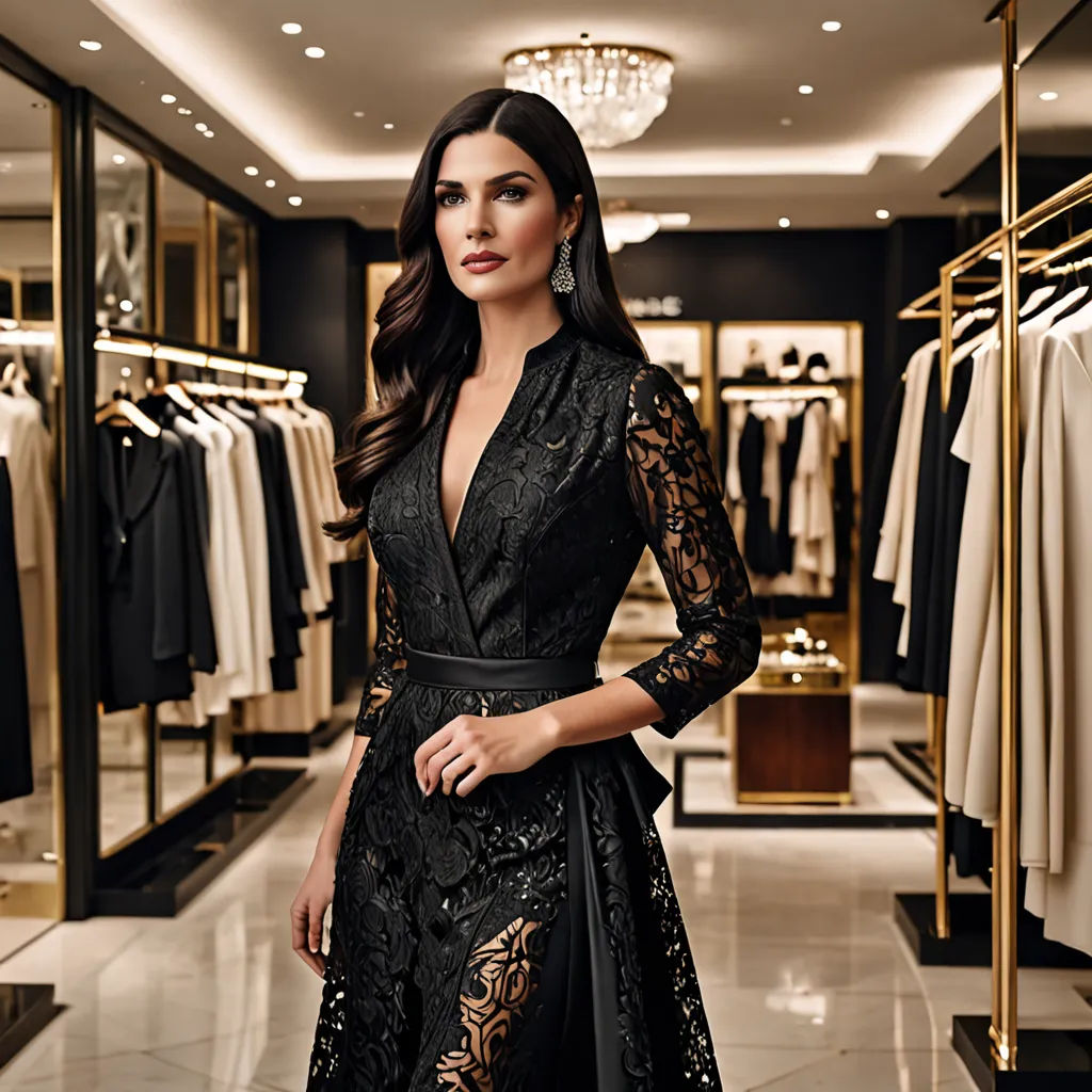 a woman standing in a store with a black dress on display in front of her and a chandelier, private press, a poster, Aramenta Dianthe Vail, promotional image