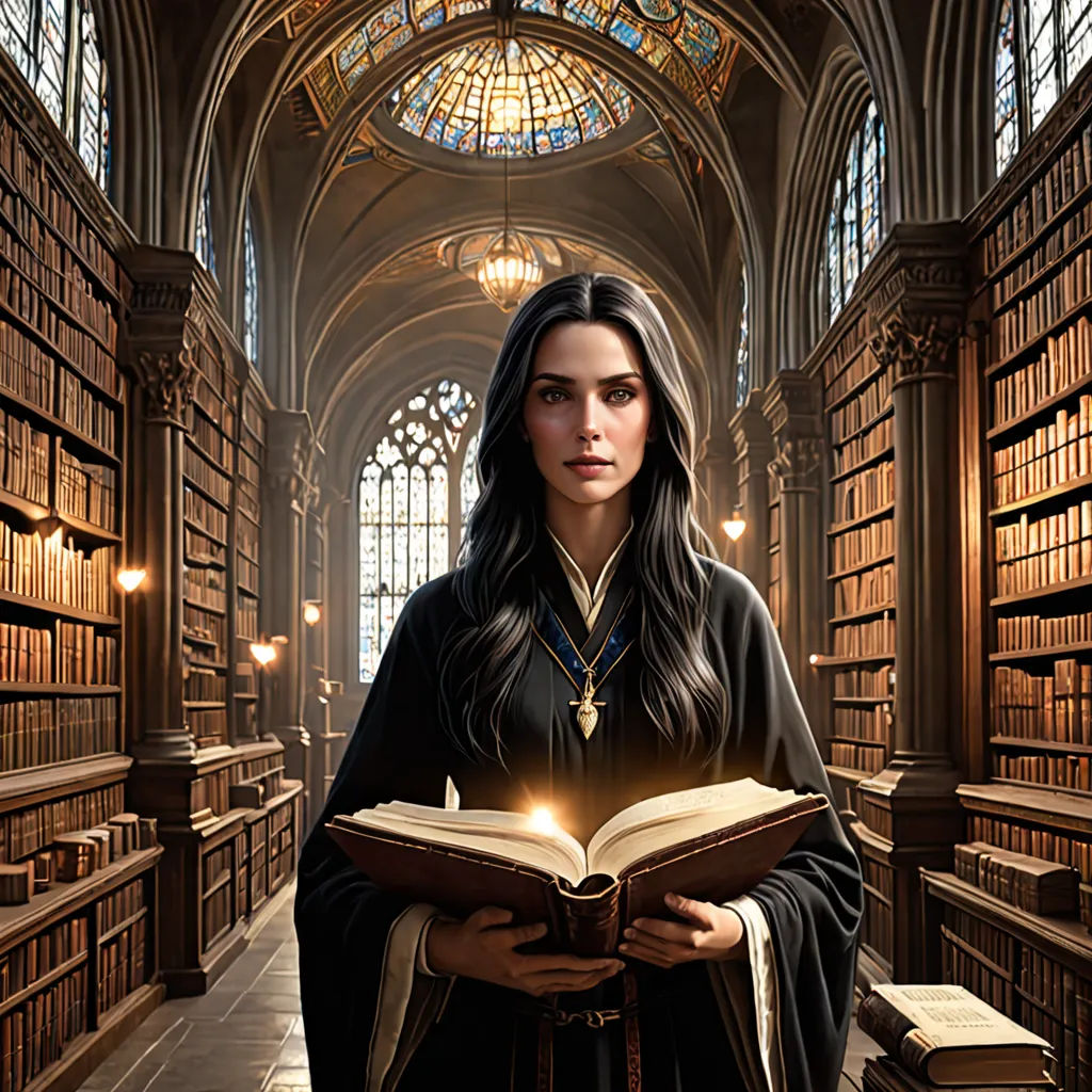 a woman in a library holding a book and reading a book in her hands with a light shining from her, fantasy art, a character portrait, Dirk Crabeth, promotional image