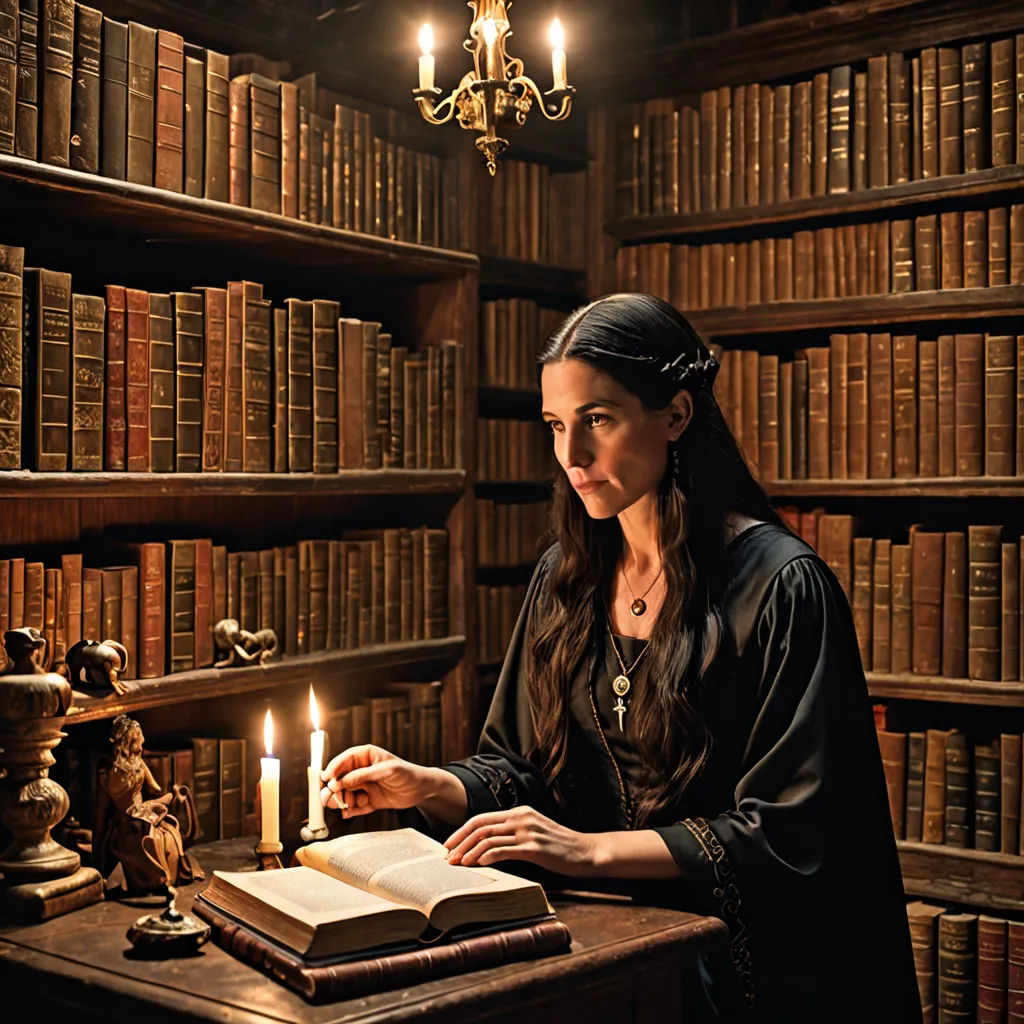 a woman sitting at a table in front of a book shelf with a candle in it and a book on the table, gothic art, a character portrait, Araceli Gilbert, promotional image