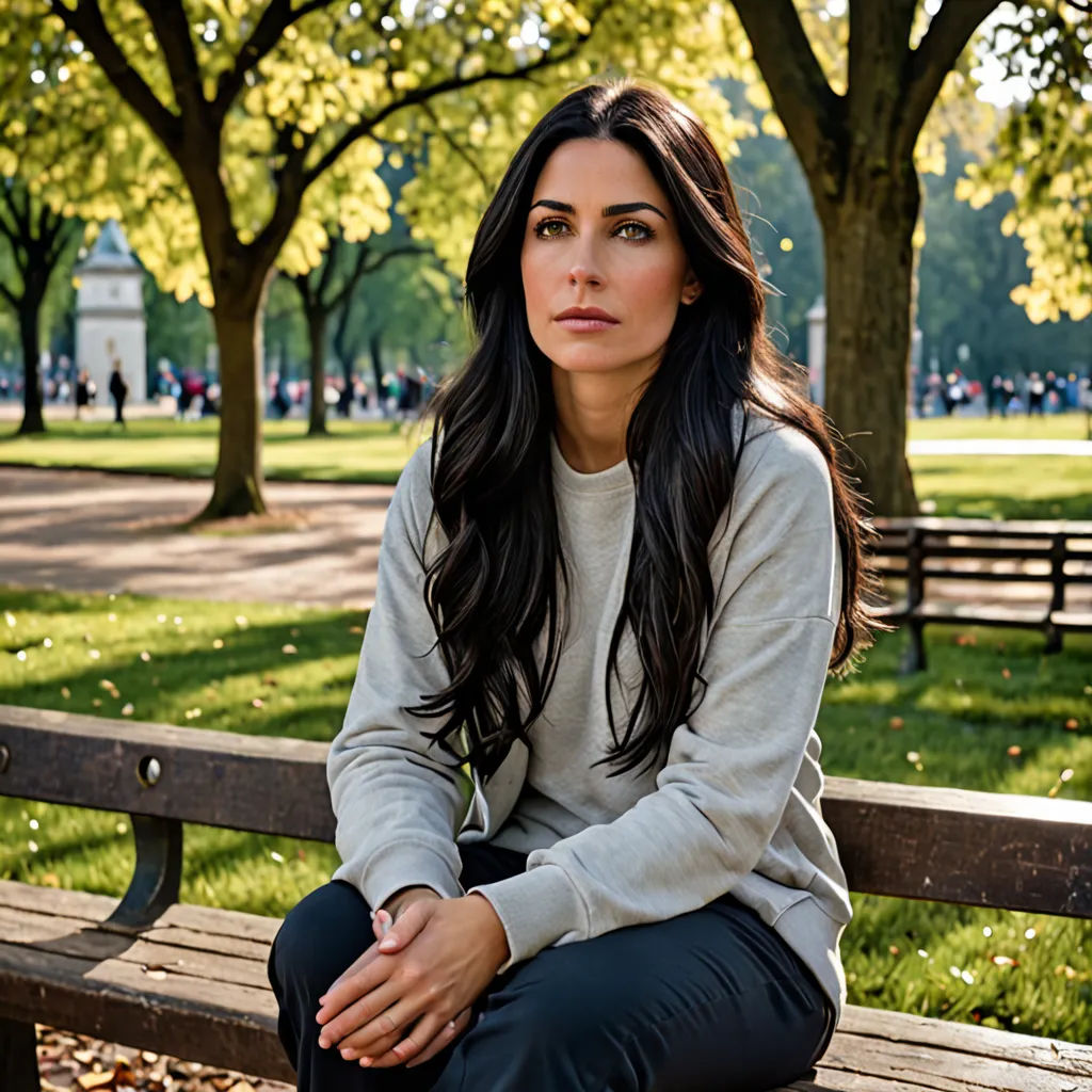 a woman sitting on a bench in a park with trees in the background and a building in the background, private press, a portrait, Anna Maria Barbara Abesch, promotional image