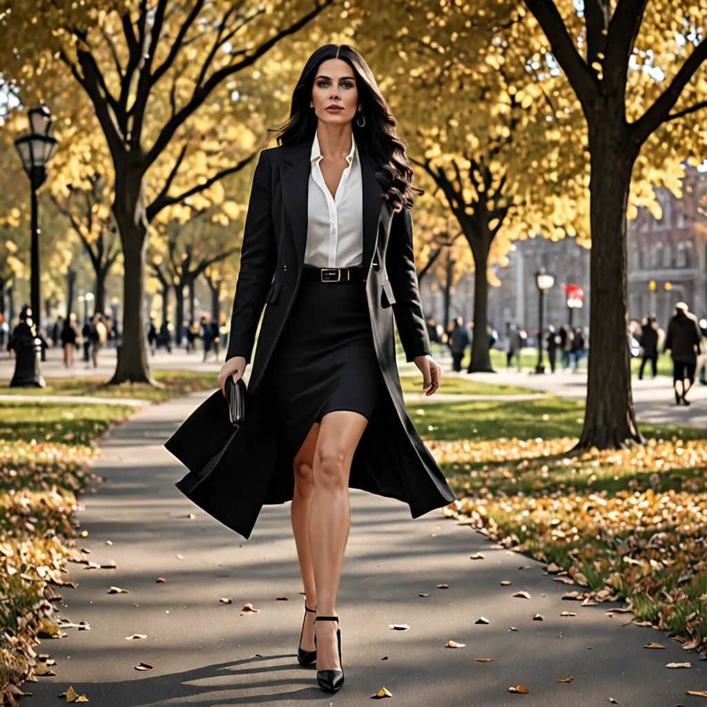 a woman walking down a sidewalk in a park with trees and leaves on the ground and a man in a suit and tie, academic art, a stock photo, Christian Hilfgott Brand, promotional image