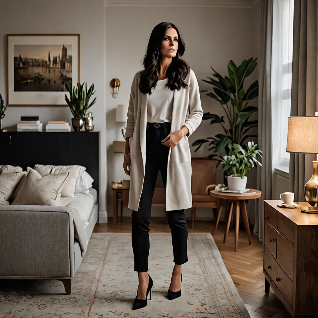a woman standing in a living room next to a couch and a table with a lamp on it and a rug, barbizon school, a character portrait, Christian Hilfgott Brand, promotional image