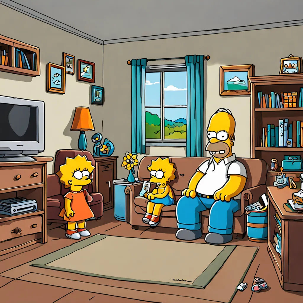 a cartoon of a family in a living room with a television and a couch and a rug on the floor, naive art, a screenshot, Edi Rama, promotional image