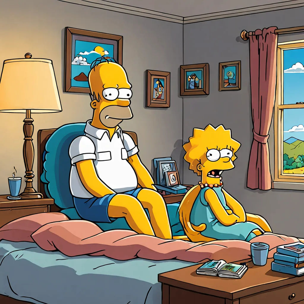 a man sitting in a bed with a simpsons character on his lap next to him, in a bedroom, american realism, a comic book panel, Chris Ware, promotional image
