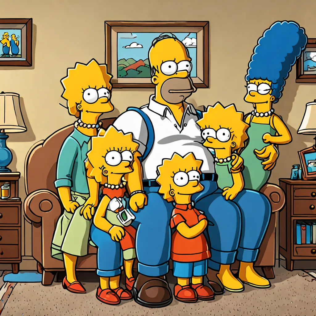 a family of simpsons characters standing in a living room together, with a man in the middle of the group, synthetism, a character portrait, Edward George Handel Lucas, promotional image