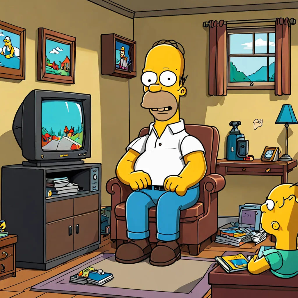 a cartoon character sitting in a chair in a living room with a television and a simpsons character on the floor, video art, a screenshot, Chris Ware, promotional image