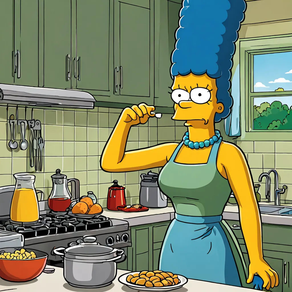 a woman in a blue dress is cooking in a kitchen with a bowl of food and a pot of potatoes, lowbrow, a character portrait, Chris Ware, promotional image