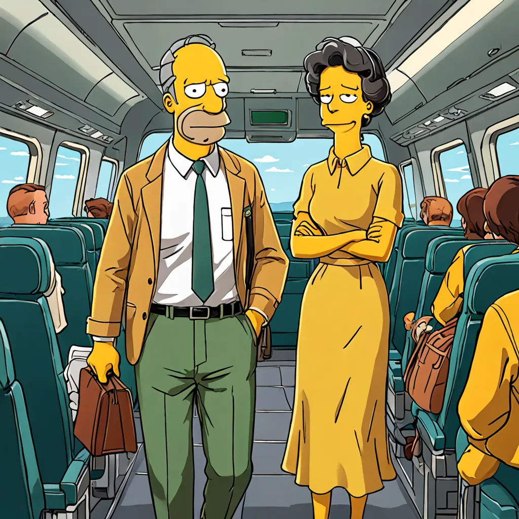 a man and woman standing on a bus with people sitting in seats behind them and a man in a suit and tie, serial art, a comic book panel, Chris Ware, edward hopper and james gilleard