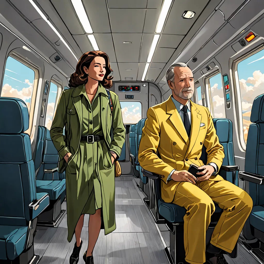 a man and a woman in yellow suits on a train with blue seats and a sky background with clouds, retrofuturism, a comic book panel, Colin Middleton, official art
