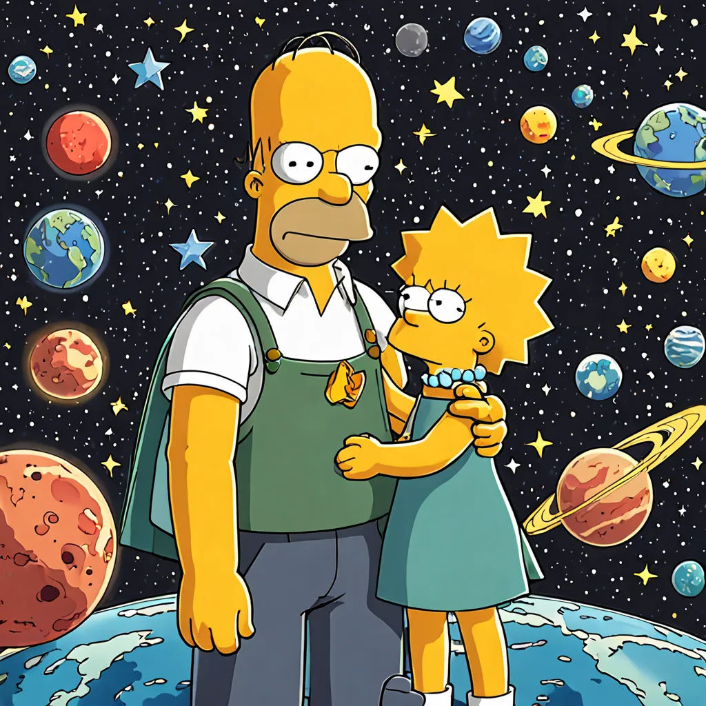 a man and a woman are standing in front of the earth and stars with the simpsons on it,, space art, poster art, Adam Bruce Thomson, promotional image