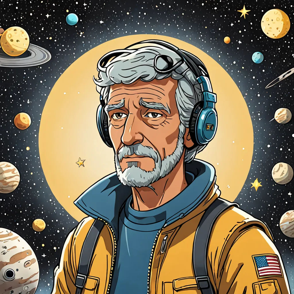 a man with headphones on in front of a solar system with planets and stars in the background,, space art, a character portrait, Cliff Childs, character portrait