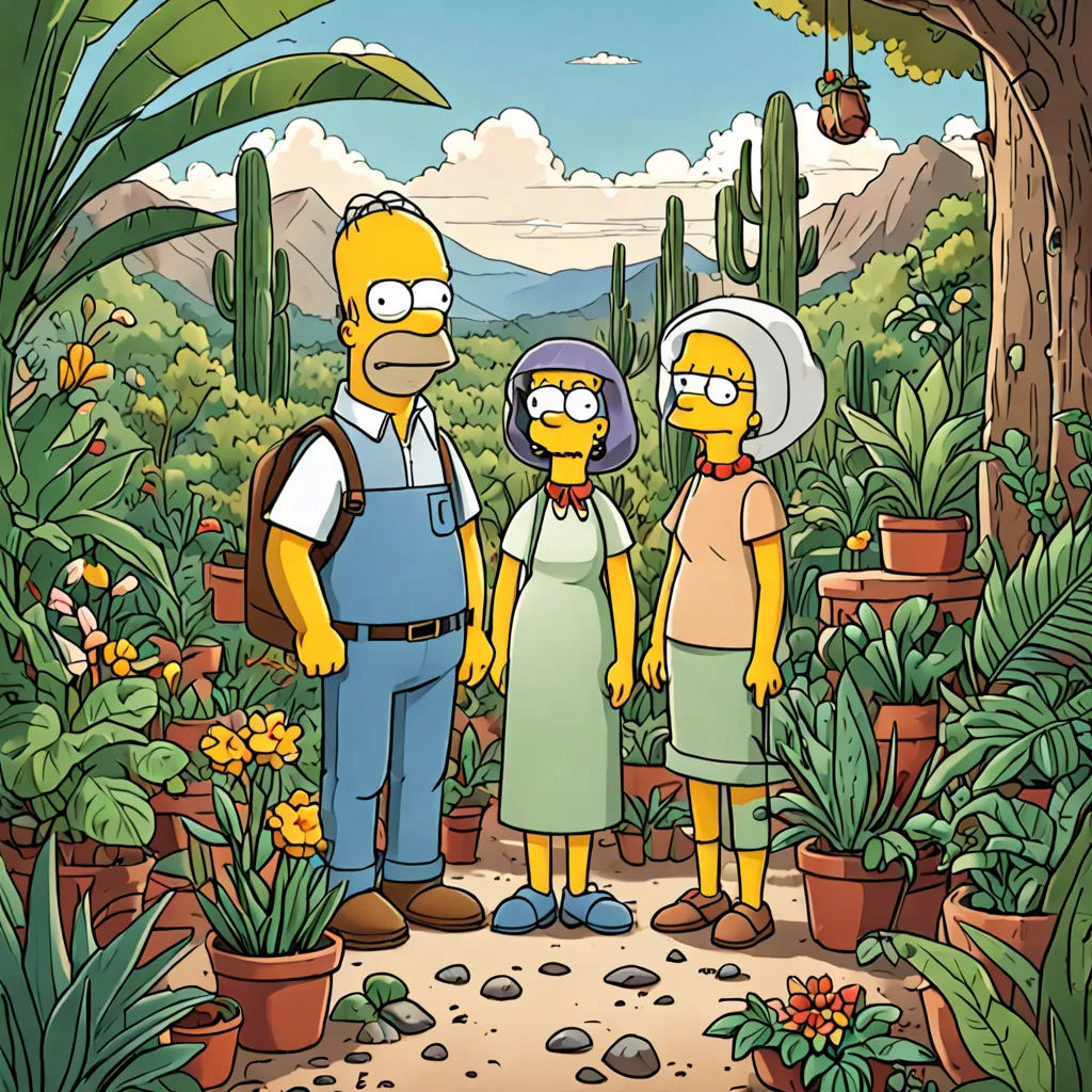 a group of people standing in a garden with plants and flowers around them, with a cartoon character in the background, synthetism, concept art, Art Spiegelman, official art