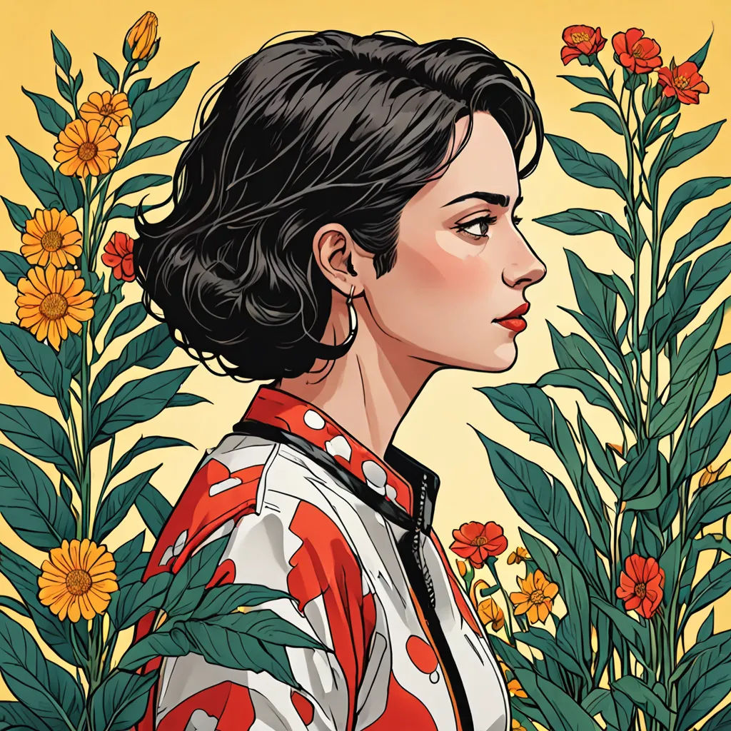 a woman standing in front of a bunch of flowers with a yellow background and a yellow background behind her, process art, a character portrait, Atey Ghailan, sachin teng