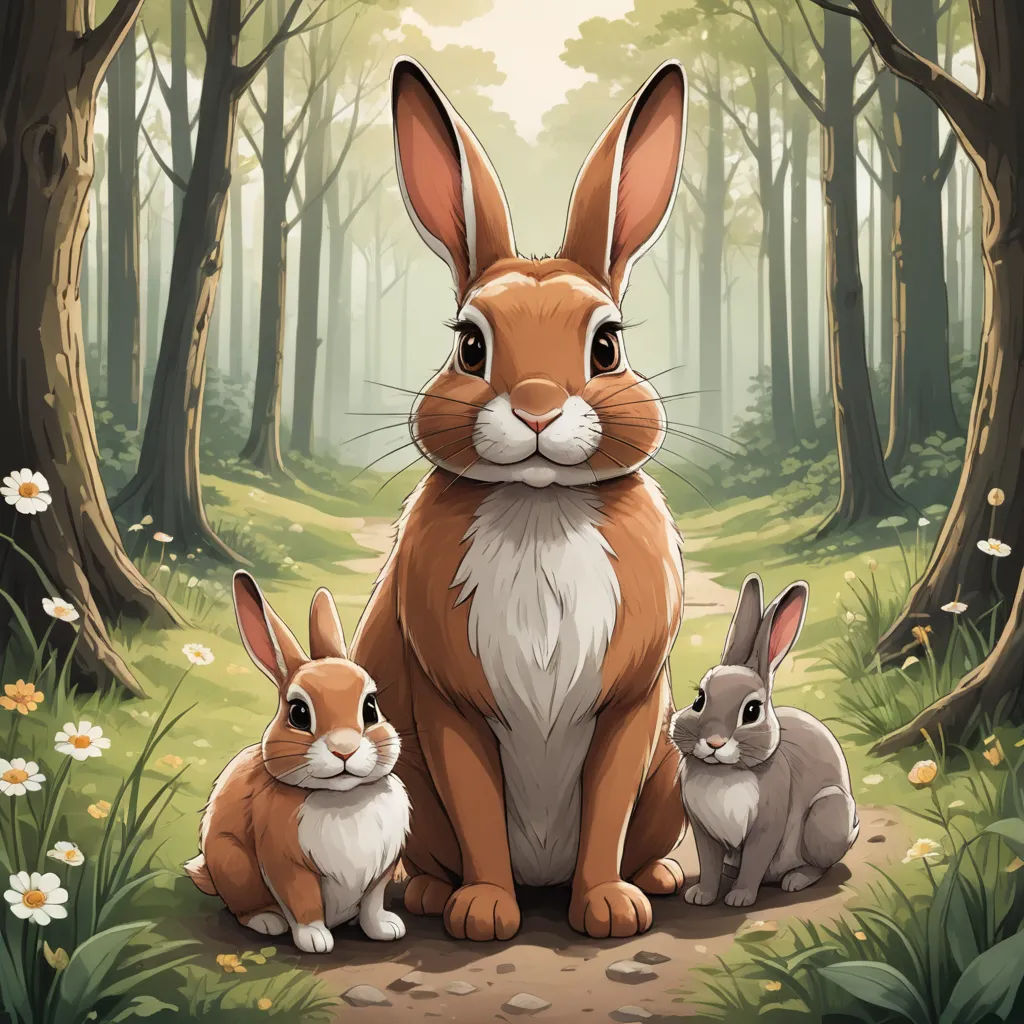 a rabbit and two rabbits in a forest with flowers and trees around them illustration by alex macinne, furry art, a storybook illustration, Dan Mumford, rossdraws global illumination
