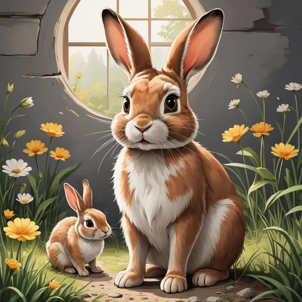 a rabbit and a rabbit sitting in a field of flowers and grass with a window in the background and a small rabbit looking at the camera, furry art, a digital painting, Chris LaBrooy, trending on art station