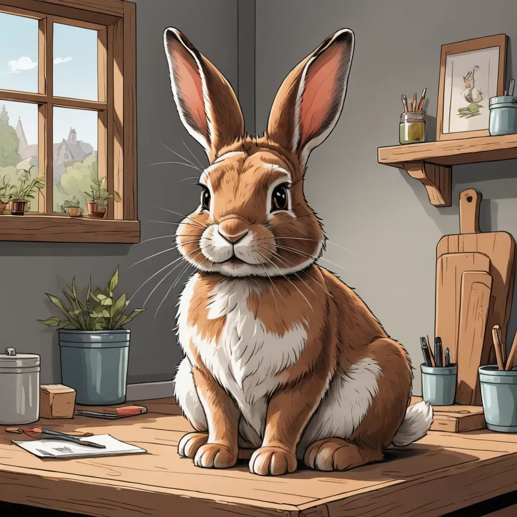 a brown and white rabbit sitting on a table next to a potted plant and a window with a sky background, furry art, a storybook illustration, Beatrix Potter, trending on art station
