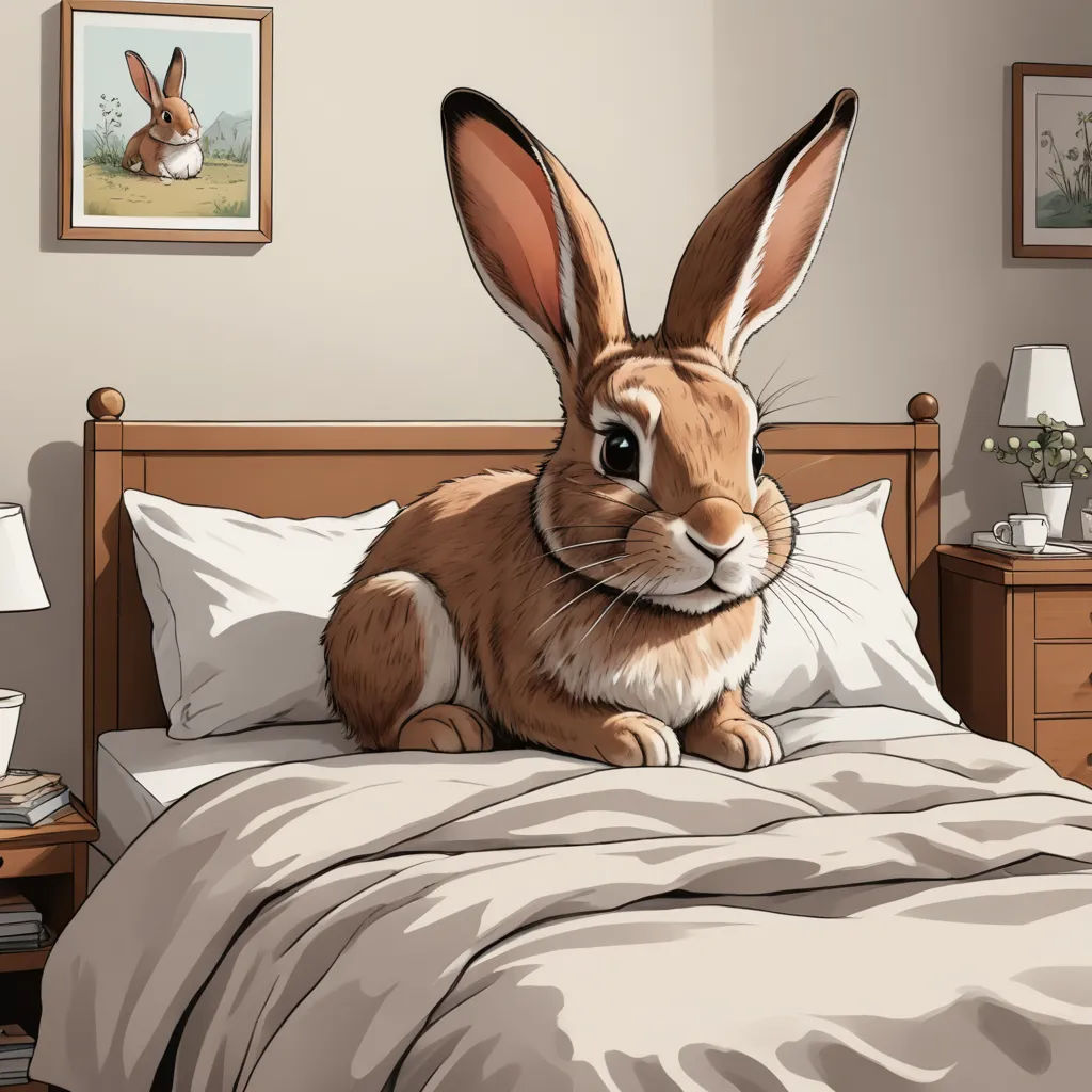 a brown rabbit sitting on top of a bed next to a night stand and a nightstand with a lamp, furry art, a storybook illustration, Beatrix Potter, trending on art station
