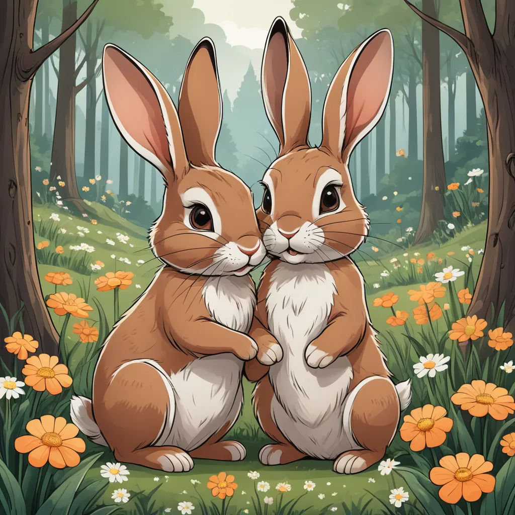 two rabbits sitting in the grass near trees and flowers with a forest background with flowers and trees in the background, furry art, poster art, Dan Mumford, rossdraws global illumination