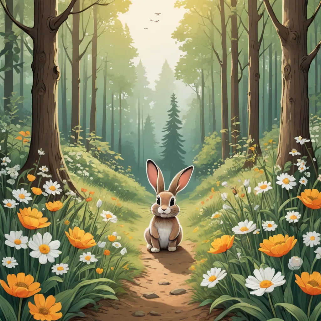 a rabbit sitting in the middle of a forest with flowers and trees around it, with a path leading to the forest, fantasy art, a storybook illustration, Chris LaBrooy, rossdraws global illumination