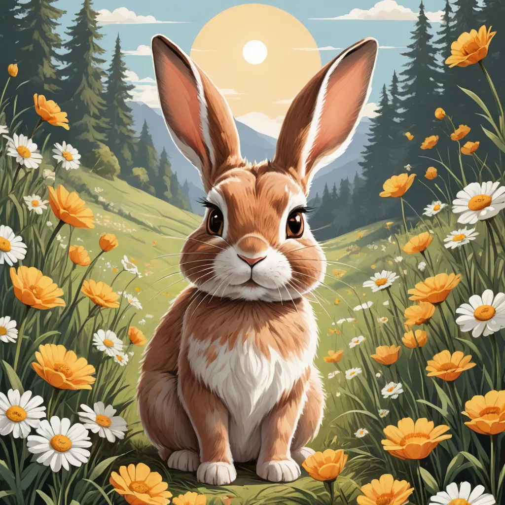 a painting of a rabbit sitting in a field of flowers with a sunset in the background and a forest, furry art, poster art, Chris LaBrooy, rossdraws global illumination