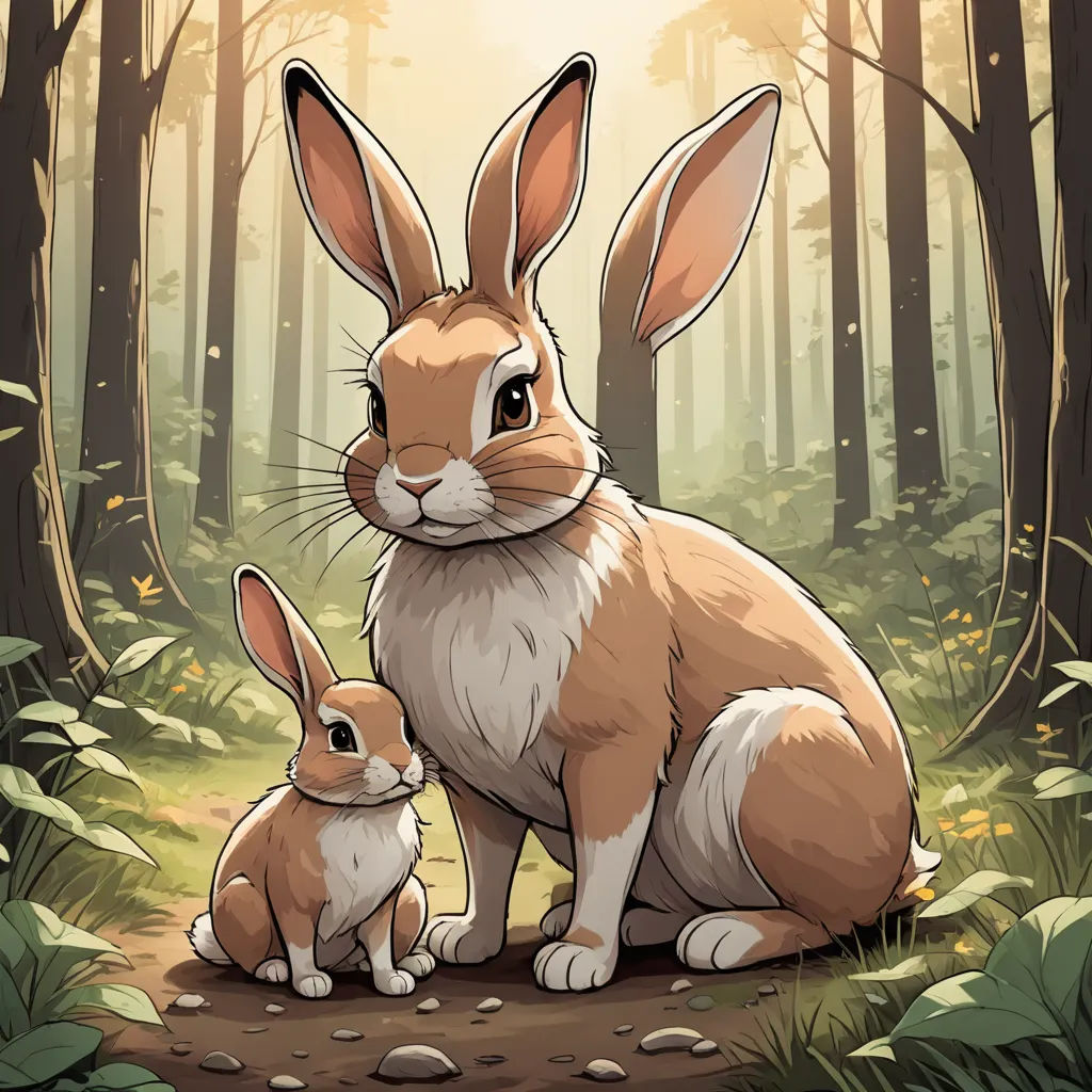 a rabbit and a baby rabbit sitting in the woods together, looking at the camera, with a sunbeam in the background, furry art, a storybook illustration, Dan Mumford, rossdraws global illumination