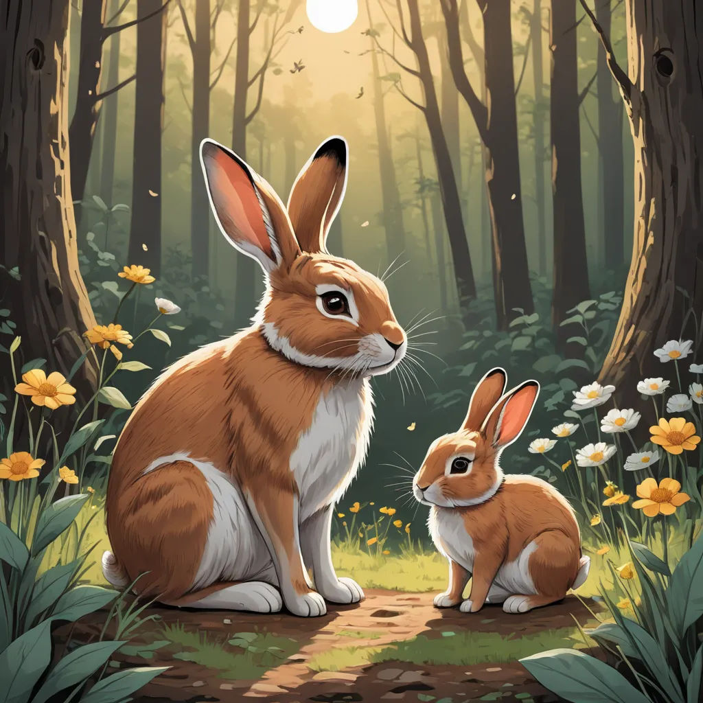 a rabbit and a rabbit sit in the woods together, with the sun shining through the trees behind them, furry art, a storybook illustration, Dan Mumford, rossdraws global illumination