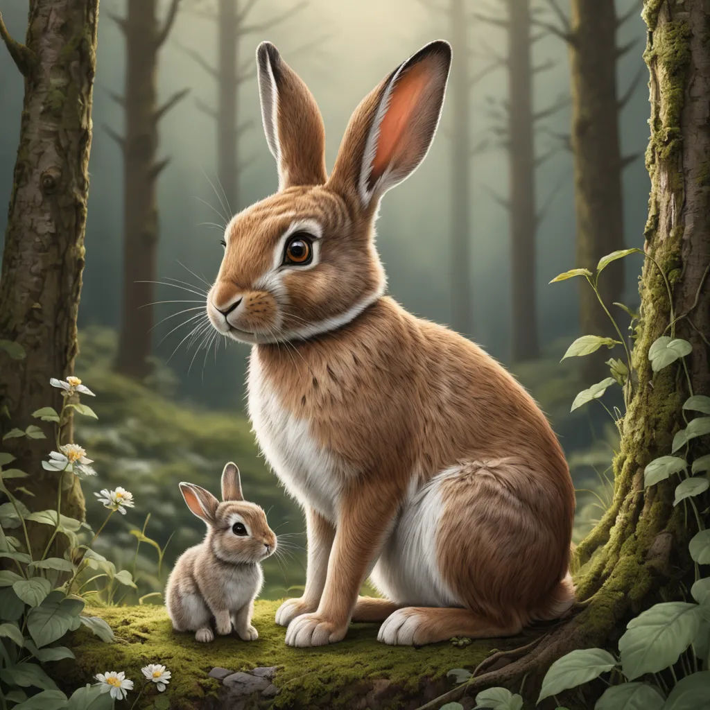 a painting of a rabbit and its baby in a forest with flowers and grass on the ground and trees, furry art, a digital painting, Chris LaBrooy, official art