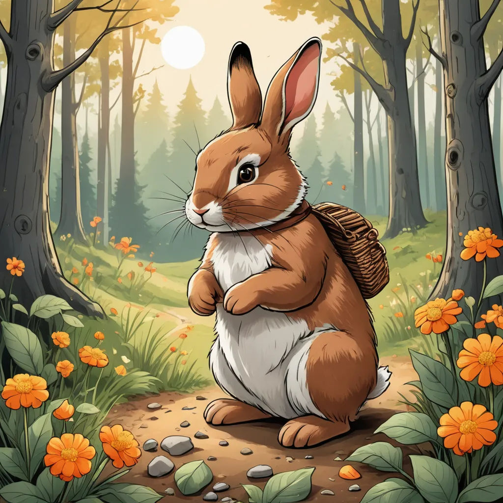 a rabbit sitting in the middle of a forest with flowers around it and a basket on its back,, sots art, a character portrait, Beatrix Potter, full body portrait