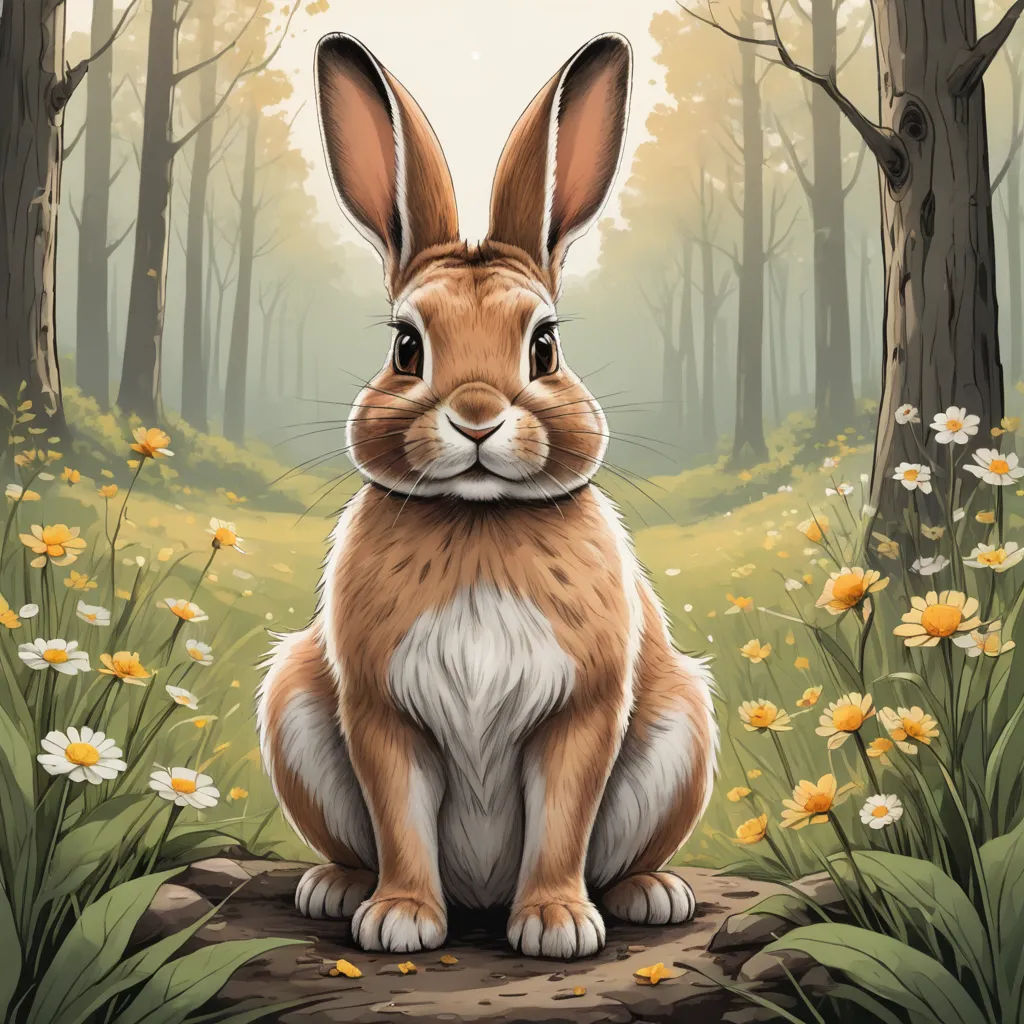 a rabbit sitting in the middle of a forest with daisies around it and a forest background with trees and flowers, furry art, a digital painting, Dan Mumford, highly detailed digital painting