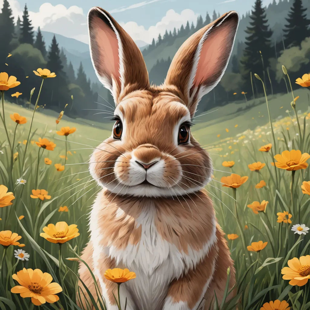a painting of a rabbit in a field of flowers with a forest in the background and a sky with clouds, furry art, a digital painting, Chris LaBrooy, highly detailed digital painting