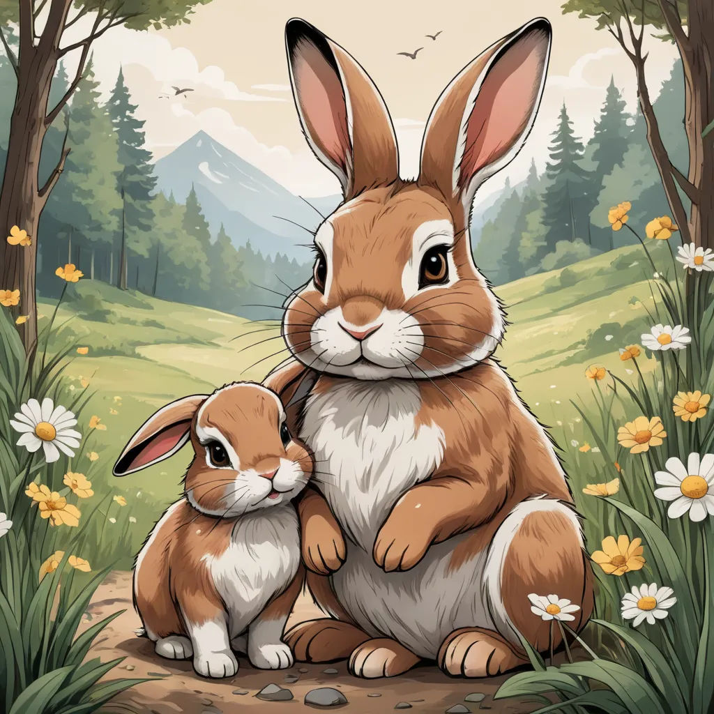 a mother rabbit and her baby sitting in the grass near a forest with flowers and trees on a sunny day, furry art, a storybook illustration, Beatrix Potter, game art