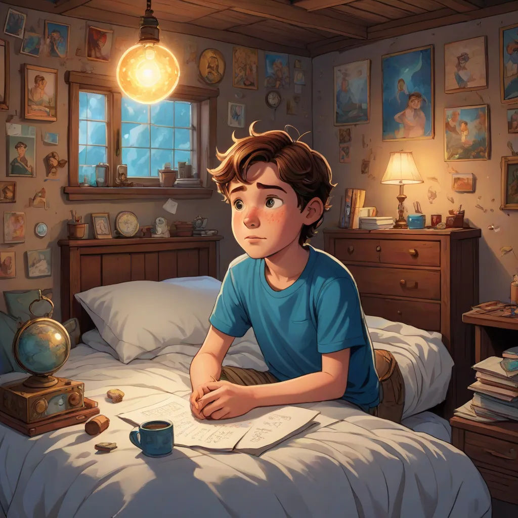 a boy sitting on a bed with a cup of coffee in front of him and a lamp above him, magical realism, a storybook illustration, Diego Gisbert Llorens, storybook illustration
