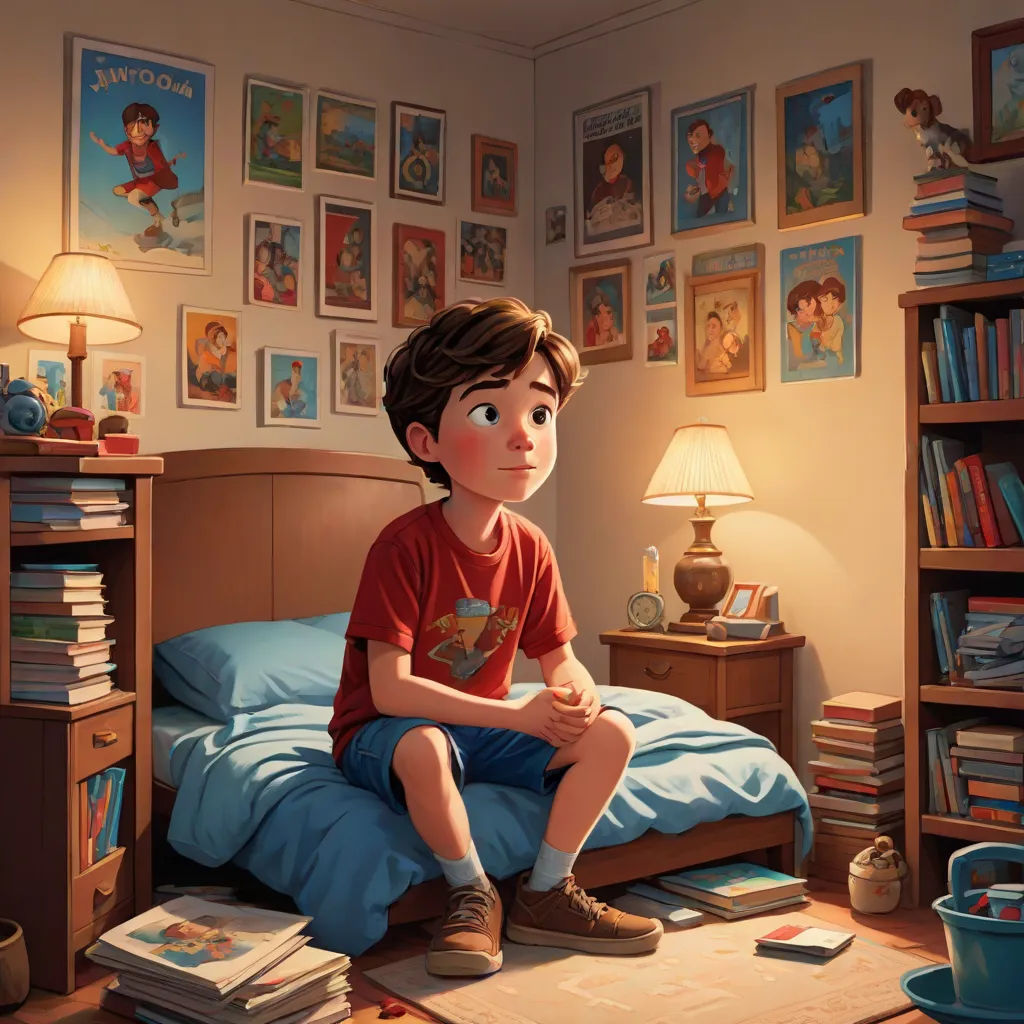 a boy sitting on a bed in a bedroom with a lot of books on the floor and a lamp on, photorealism, a storybook illustration, Chris LaBrooy, storybook illustration