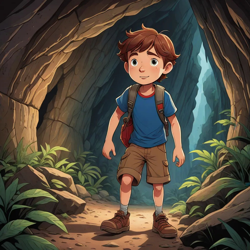 a boy standing in a cave with a backpack on his back and a backpack on his shoulder, looking at the camera, underground comix, a storybook illustration, Diego Gisbert Llorens, rossdraws global illumination