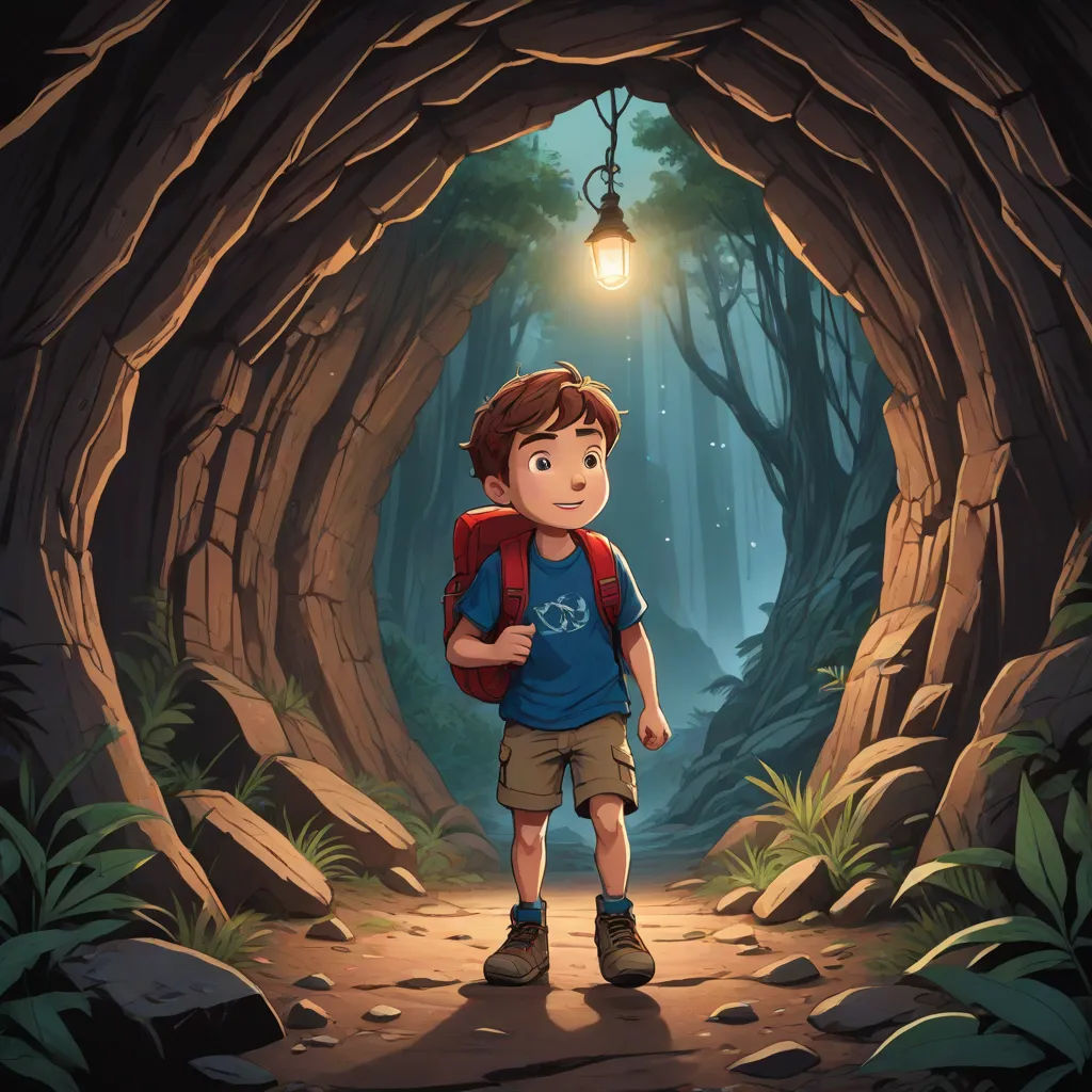 a boy with a backpack is standing in a cave with a light bulb hanging from the ceiling and a trail leading to the cave, magical realism, a storybook illustration, Diego Gisbert Llorens, rossdraws global illumination