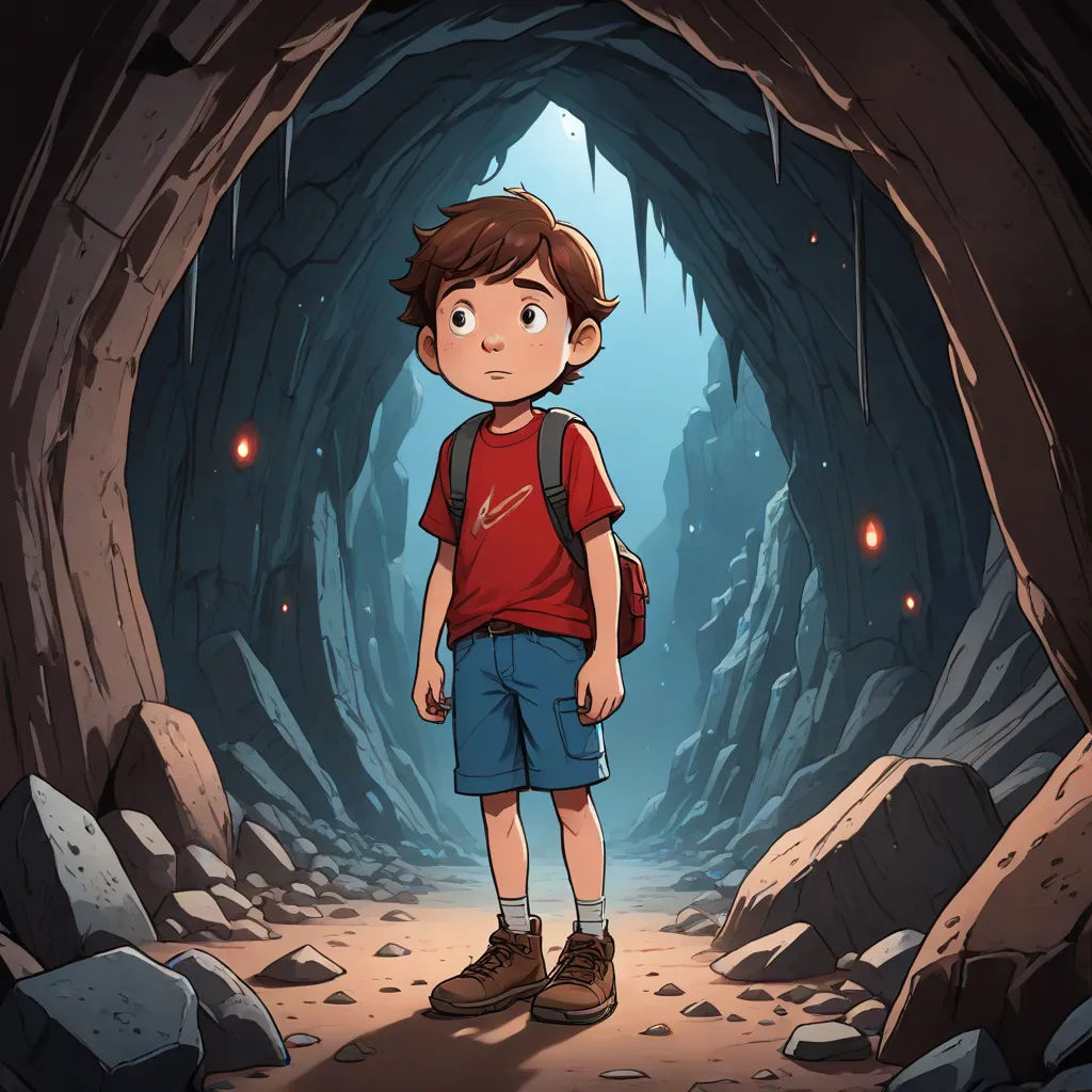 a boy standing in a cave with a backpack on his back and a flashlight in his hand, looking at the camera, underground comix, poster art, Diego Gisbert Llorens, promotional image
