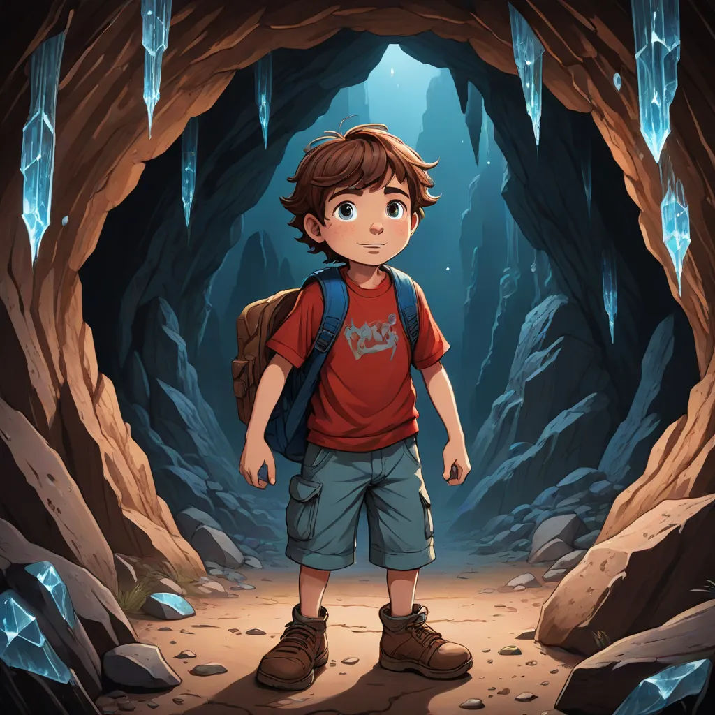 a boy standing in a cave with a backpack on his back and a backpack on his shoulder, looking at the camera, holography, a storybook illustration, Diego Gisbert Llorens, 2 d game art