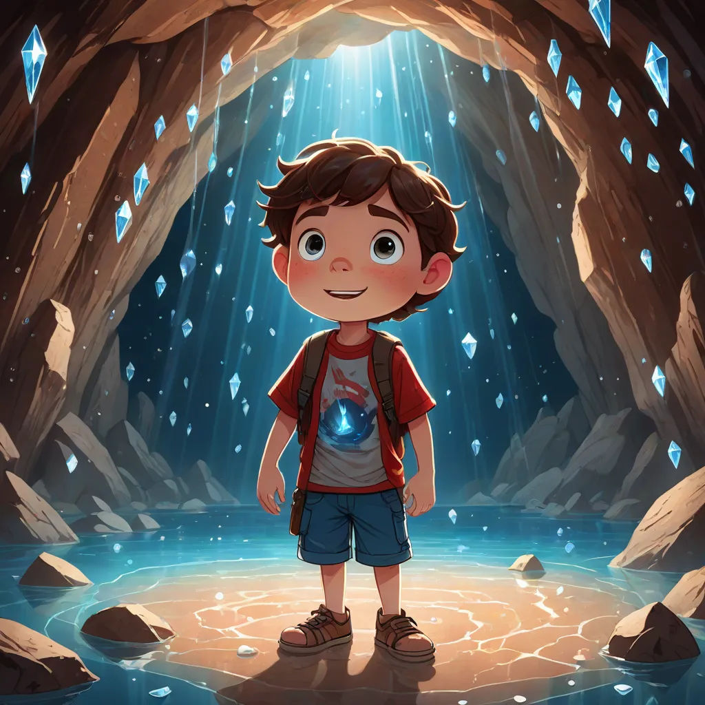 a boy standing in a cave with a light shining down on him and a blue light coming from the cave, metaphysical painting, a storybook illustration, Diego Gisbert Llorens, rossdraws global illumination